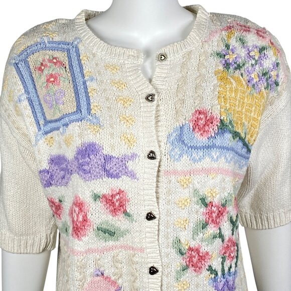Vintage Ashley Hand Knit Cardigan Sweater Size L Short Sleeve Button Up Floral - Picture 2 of 7